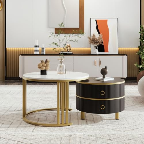 Jaxenor Round Coffee Table for Living Room, Bedroom, Office, Balcony, Small Coffee Table with Storage, Nesting Tables with 2 Storage Drawers, Sturdy Metal Frame, White+Black