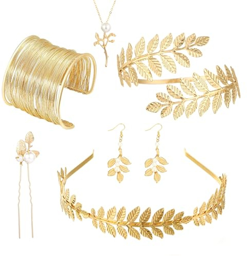 BRITIVIVE Griechische Göttin Kostüm Schmuck Set 6 Stück Goddess Headband Goddess Crown Brautschmuck Haare für Braut Hochzeit Boho Blatt Haar Krone Accessories Damen