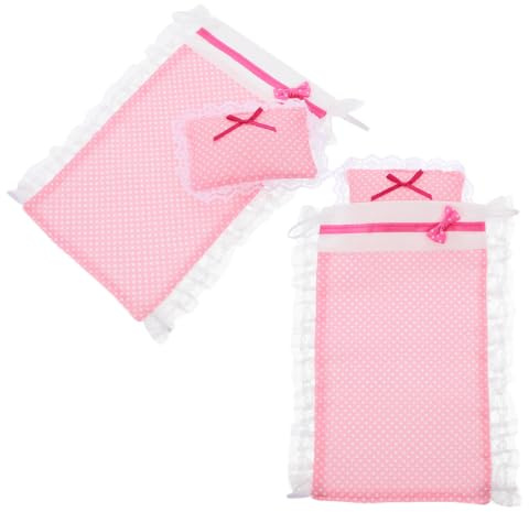 2 Sets Miniature Dollhouse Bedding Set, Cloth Doll Crib Pillow Blanket | Pink Charming Design, Intricate Patterns and Vibrant Colours, for Dollhouse Bedrooms, Play Scenarios