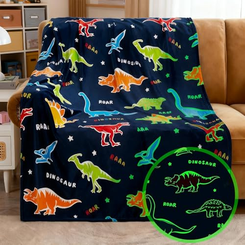 Gosig filt barn lysande dinosaurie, dinosauriefilt barnfilt, babyfilt, soffpläd supermjuka flanellfiltar för resor, tupplur, hemma, mörkblå dinosaurie, 2 x 1,5 m