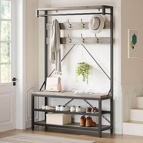 AffinityFurn Coat Rack with Shoe Storage Bench, Hallway Storage Unit, Grey