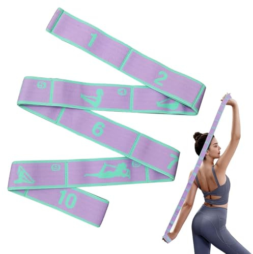 Dupoem Sangle de Yoga Élastique, Bande Pro Musculation avec 10 Boucles pour Fitness Pilates Stretch, Bandes d'Étirement des Jambes Ceinture d'Assistance Souple pour Exercices à Domicile (Violet &Vert)
