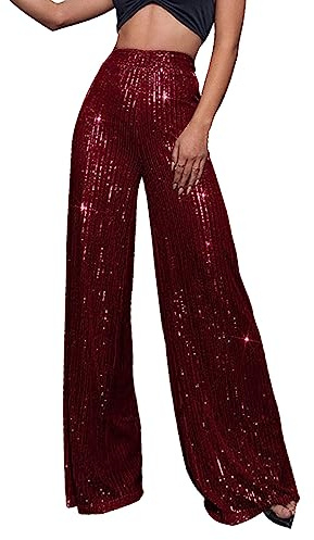Generiska glitterbyxor dam långa, paljettbyxor dam hög midja breda ben byxor elastisk midja fritidsbyxor lös passform glitterbyxor party discobyxor eleganta palazzobyxor, Rd2, XXL
