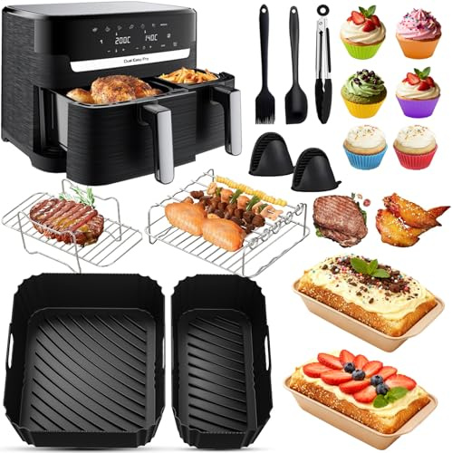 Varmluftsfritös tillbehör för Tefal EY9018 Dual Easy Fry 8,3 L (5,2/3,1 l) inklusive silikonluftfryer tillbehör, grillgaller, kakformar, varmluftsfritös silikonform för Tower T17099/Salter EK5729