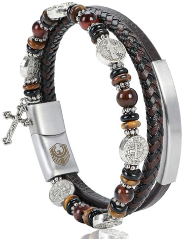 SHIEAGLELD Bracelet Homme en Cuir, Bracelet Catholique avec Croix Médaille et St Benoît pour Homme, Bracelets en Œil De Tigre, Cadeau Spirituel pour Père Petit ami Frère, Marron 22CM