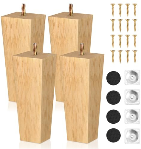 XMDROU 4 Packs Wooden Furniture Legs Square Wooden Sofa Legs 5.91'' Solid Wood Chair Leg Log Color Square Tapered Wood Table Leg with Accessories for Chair Table Feet Sofa Support Replacement Parts