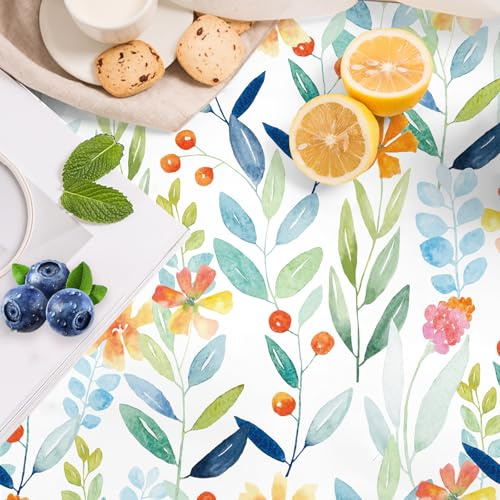 HAOKHOME Shelf Liner and Cabinet Liner Floral Floral, Self-Adhesive Drawer Liners, Peel and Stick Contact Paper for Kitchen Cabinets and Cupboard, Bathroom Drawers, White/Green/Orange 17.3in x 6.5ft