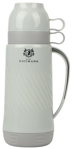 KARL HAUSMANN Thermoskanne 1L - Grau - Kunststoff Thermosflasche Mit Glaseinsatz & 2 Becher - Isolierflasche Für Warm & Kalt Getränke - BPA-freie Thermoskanne Mit Becher - Ideal Für Outdoor & Büro