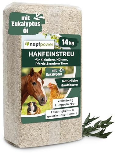 napfpower Hanfeinstreu (14 kg) mit Eukalyptus für Hühner, Kleintiere & Pferde – staubarmes Hanfstreu für Hühner & Pferde – extrem saugfähiges & kompostierbares Hanf Einstreu für Tierställe
