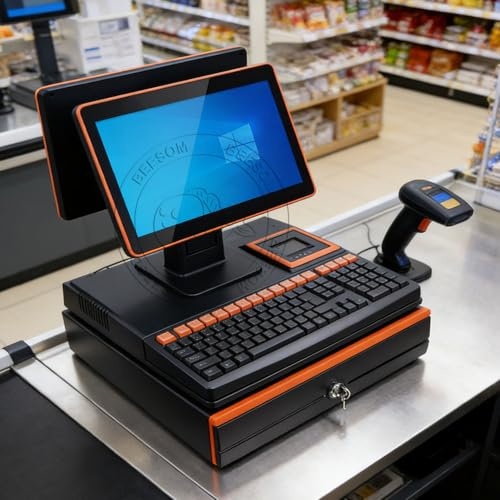 BEESOM Caisse Enregistreuse Professionnelle,Imprimante Thermique,15,6 Écran Tactile Pliable Multi-Angle,4G+128Go + Processeur Dual-Core, Scanner + Tiroir-Caisse,Supermarché/Café Double