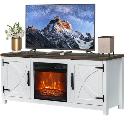 Parrot Uncle TV Schrank mit Elektrokamin für Fernseher bis 65 Zoll, Modernes TV Lowboard im Landhausstil, TV Möbel mit Stauraum, LED Flammeneffekt, Fernbedienung, Weiß