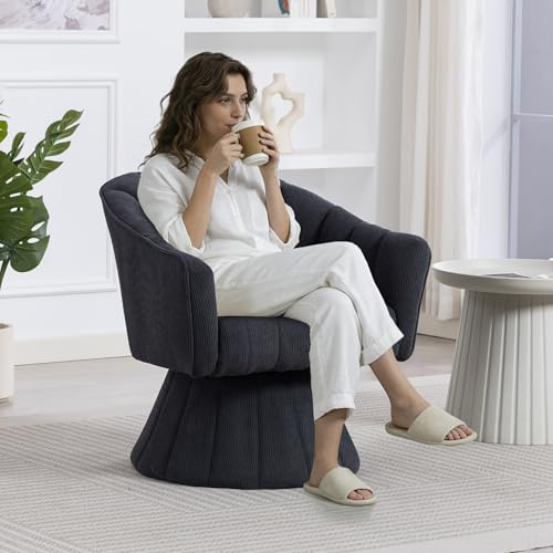 ZIDEY Modern Drehbarer Kuscheltonnen-Akzentsessel, 360° Drehbarer Runde Sessel, Gepolsterter Vanity-Stuhl, Gestreifter Corduroy Sessel für Wohnzimmer, Schlafzimmer, Arbeitszimmer, Dunkelgrau