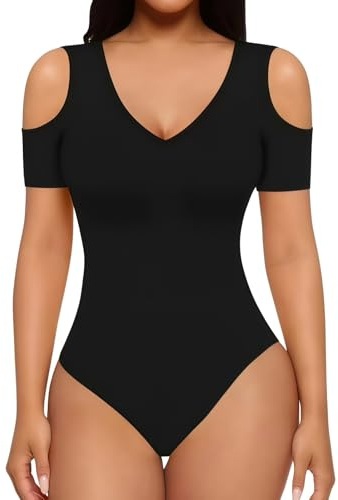 SamHeng Short Sleeve Bodysuit for Women Sexy V Neck Leotard Tops M