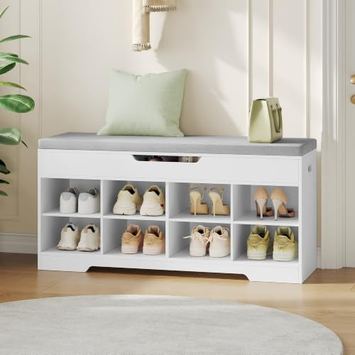 Fobyfurny Sitzbank mit Stauraum, Schuhbank, 104 x 32 x 50 cm, Leinenweiß | Schuhschrank mit Sitzfläche, 8 offene Fächer, Fach unter Sitzkissen, für Flur, Schlafzimmer, Eingangsbereich, FFXD208PW1
