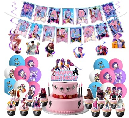Birthday Decorations For K Pop Demon Hunters party,H_Hunters Party Decorations Kit with Happy Birthday Banner, Balloons, Cake Decorations, Pink for Fans Party Supplies WWR