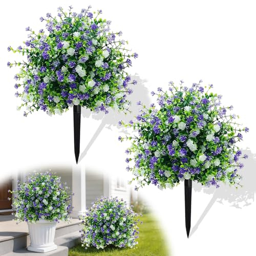 Kenmohuo 2Pcs 23 Artificial Topiary Ball Flowers Outdoor – UV Resistant Fake Plants with Ground Spike, Realistic Boxwood Violet Bushes Trees (Mix colors (Style 3))
