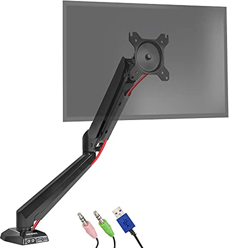 Duronic Gas-Powered Monitor Arm Stand DMUSB5X1 | Single PC Desk Mount | Headphone, USB, Microphone Sockets | 13-27” LED LCD Screen | VESA 75/100 | Full Motion: Tilt -90°/+85°, Swivel 180°, Rotate 360°