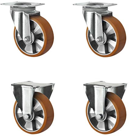 CASCOO SETSHFH160BAU5D0N Rollensatz 2 Lenkrollen, 2 Bockrollen, Aluminiumfelge, Polyurethan, Durchmesser 160 mm, Schwerlast, Doppelkugellager, Traglast 1500 kg (4-er Pack)