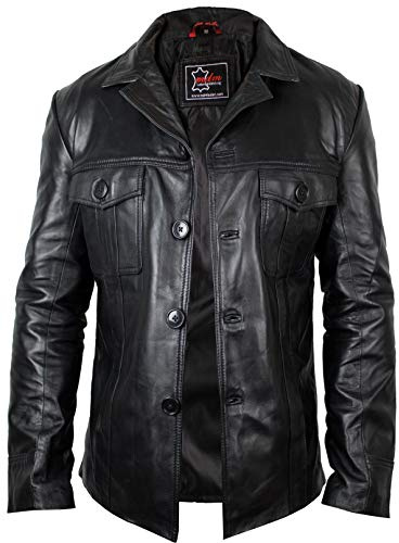 MDM Chaqueta de cuero para hombre de auténtica piel de napa de cordero, Negro , M
