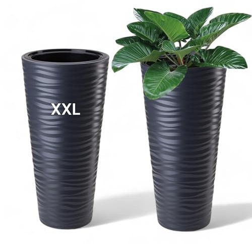 MELTOM XXL Pflanzkübel Slim Rund 3D Effekt - Wellen - Farbe: Anthrazit mit Herausnehmbaren Einsatz, DxH: 35 x 68,5 cm