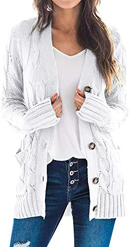 Maavoki Cardigan Long élégant Ouvert sur Le Devant, en Grosse Maille, Cardigan à Manches Longues, avec Boutons et Poches,Blanc,S