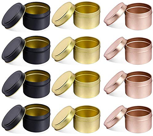 Ljustakbehållare med lock, 12 st 150ml dekorativa runda metallljusburkar stora, återanvändbara ljusglas för gör-det-själv-ljus, där konst hantverk levereras (150ml, 4st svart+4st guld+4st roséguld)