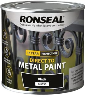 Ronseal Direct to Metal Paint Black Gloss 250ml | Water-based coating for ferrous surfaces with primer-free application, 30-minute shower resistance and 8m²/L coverage.