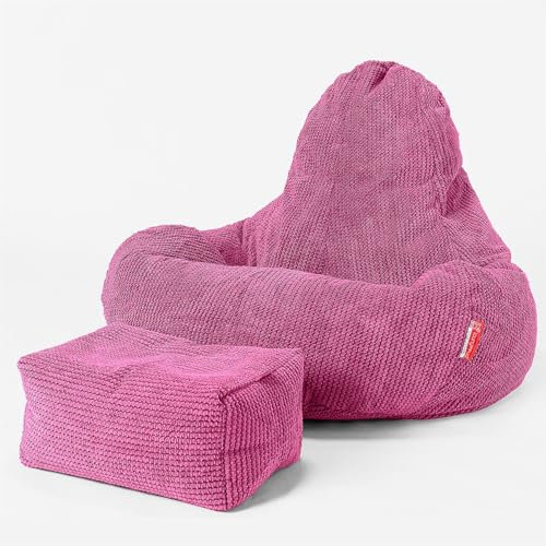 Lounge Pug - Gaming Sitzsack Sessel mit Hocker - Pom-Pom Pink - Ultra LUX - Sitzsack Sessel