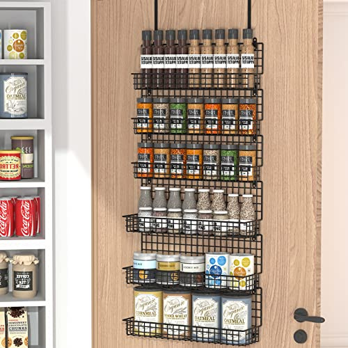 JKsmart Étagère à épices à 6 niveaux avec crochet de porte, fixation murale et au-dessus de la porte, étagère à épices pour cuisine, garde-manger, porte, armoire, deux tailles, grande capacité, noir