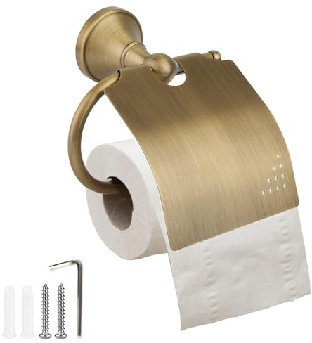 Cyrank Toilettenpapierhalter Gold, Toilettenpapierhalter Antike, Vintage Klopapierhalter Gold, WC-Papierhalter mit Deckel, Retro Klorollenhalter Messing Mit Deckel, WC-Rollenhalter, Wandhalter