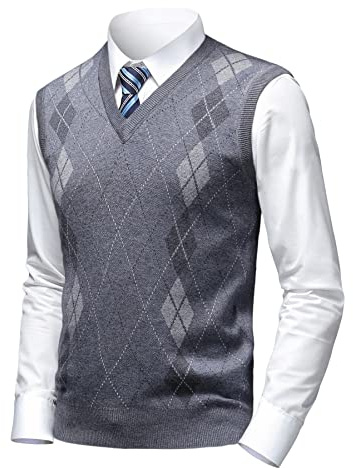 Herothorn Gilet in Maglia da Uomo Argyle Classica con Scollo a V Maglieria Senza Maniche Pullover Maglione Smanicato Canotte Maglioncino Autunno Inverno