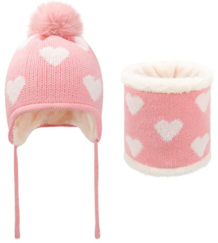 QKURT Berretto Bambini Set di sciarpe per cappello, collo termico invernale scaldacollo spesso cappello lanuginoso cappello bobble morbido cappello caldo sciarpa modello d'amore per 1-5 anni