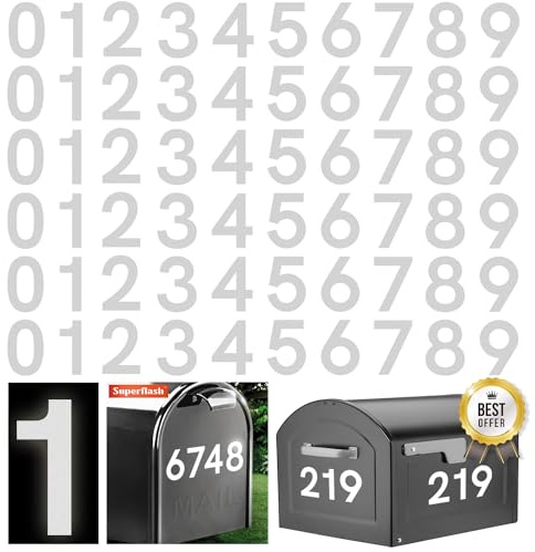 White Reflective Mailbox Numbers Sticker Decal | 4 inch, 6 set | Premium Self Adhesive Numbers | for Outside, House, Trash Cans | Pre-cut for Effortless Align