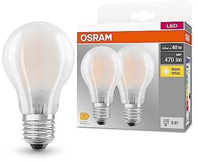 OSRAM BASE CLASSIC A GLFR 40 LED-Lampe mit Sockel E27, klassische Kolbenform, Doppelpack, 4W, 470lm, 2700K, warmweißes Licht, geringe Wärmeentwicklung, lange Lebensdauer, geringer Energieverbrauch