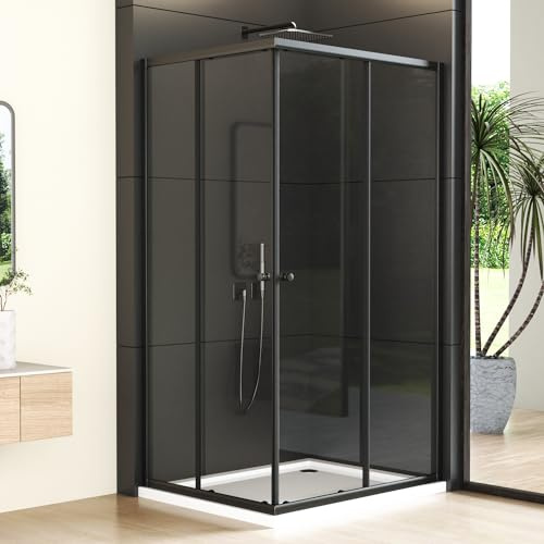 Eckeinstieg Duschkabine 80x100 cm Schiebetür Duschabtrennung, Schwarz Duschwand aus 6mm ESG Glas, Duschtür Höhe 185cm