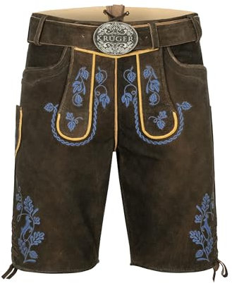 Krüger Herren Trachten Lederhose kurz, Modell: Roland mit Gürtel, Knielang, braun, Art.-Nr. 962267-0-0007, 50,