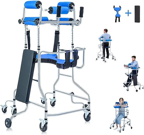 CEEBUS Aufrechte Gehhilfe für Erwachsene mit Sitz, höhenverstellbare 8-Rad Gehhilfe, Trainer Stehende Gehhilfe, Hemiplegie Rehabilitation Stehendes Gestell Senioren Portable Gehhilfe