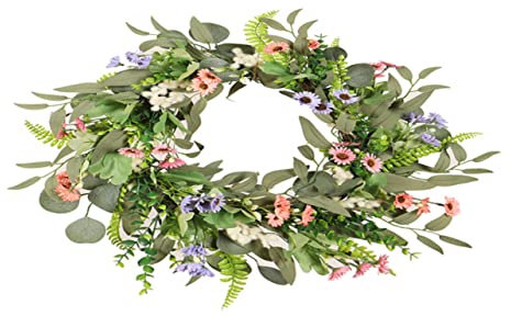 Alipis Künstlicher Eukalyptus Hängekranz mit Sommer Gänseblümchen Kunststoff Nicht Leicht zu Verformen Dekorativer Tür und Gartenkranz für Zuhause und Geburtstag