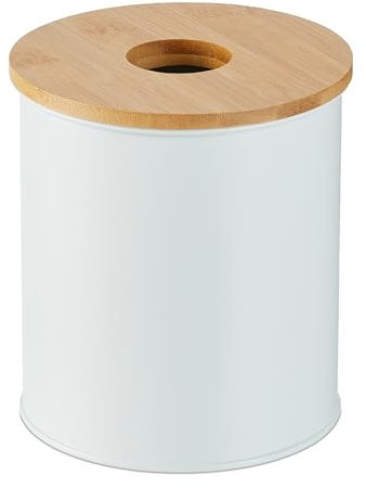Relaxdays Kosmetikeimer, 2 Liter, Bambusdeckel mit Loch, runder Badmülleimer, Mülleimer für Bad & Schminktisch, weiß