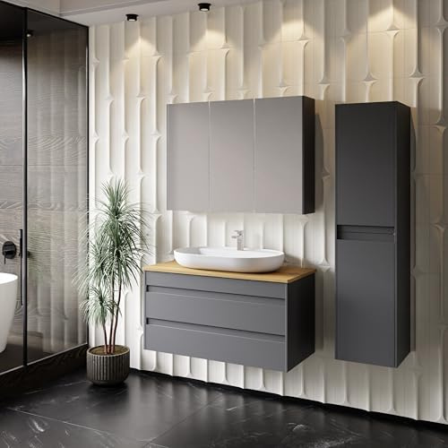 Badezimmermöbel Set Lara Konsole 100 Anthrazit | Keramikwaschbecken | Unterschrank | Spiegelschrank | Softclose-Schubladen & -Türen & unsichtbare Griffe | Moderner Stil | Badmöbel Waschtisch