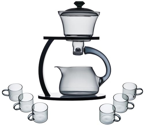 MOZEO Glas-Teekannen-Set, halbautomatisch, tropfenförmig, mit Teesieb, Lazy Kungfu, Teekannen-Set, hitzebeständig, graues Set