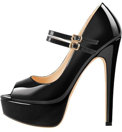 MissHeel Plateau Mary Janes Mesh Riemchenpumps High Heels Schnallen Knöchelschnallen Schwarze Pumps 36 EU