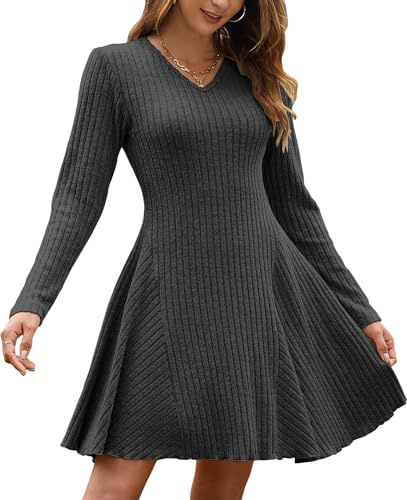 AUSELILY Höst jumper klänning för kvinnor UK lätt stickad v-hals A linje långärmad klänningar vinter tröja jersey damklänning elegant, Mörkgrått, XXL