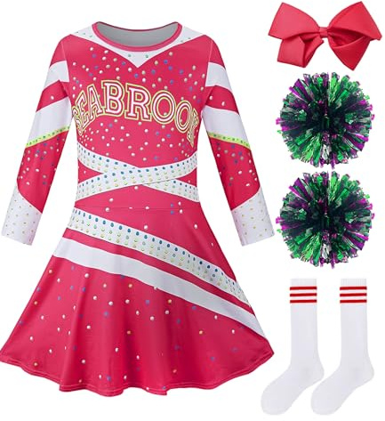 HANERREAL Girls Cheerleader Costume Outfit Halloween Cheer Uniform Dress Up with Accessories (Rose Red, XX-Large(11-12 Years))