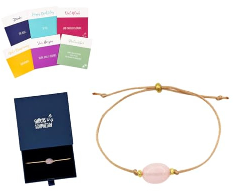 Glücksschmiedin - Rosenquarz Armband Damen mit Karten-Set, Edelsteinarmband Rosa mit Goldperlen und schönem Schmucksäckchen mit 6 verschiedenen Glückwunschkarten für jeden Anlass.