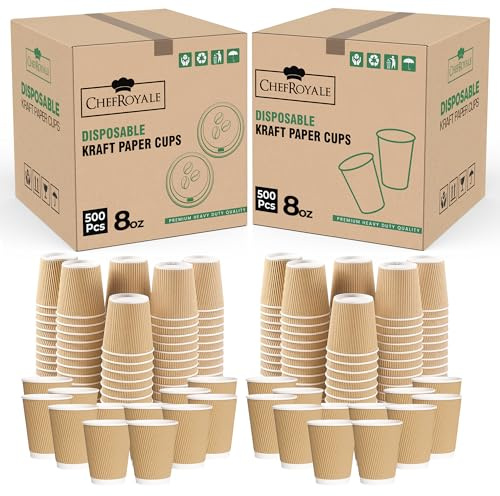 CHEF ROYALE 500x 8oz - Premium Kraft Triple Walled Disposable Coffee Cups Without Lids Paper Ripple Cups