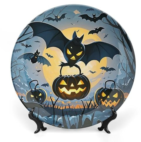 Assiette décorative en porcelaine anglaise de 25,4 cm - Assiettes rondes en porcelaine pour Halloween, chauve-souris volantes - Avec support de présentation - Assiettes rondes en porcelaine à