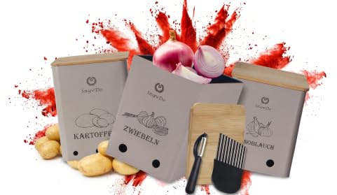 SnipeDo Kartoffel Aufbewahrungsbox Set – 3er Set Kartoffelbox, Zwiebel Aufbewahrung, Knoblauch Behälter – Metall Gemüsebox mit Kartoffelschneider & Schäler – Kartoffel und Zwiebelbehälter (Beige)