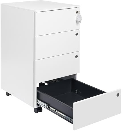 LVSTEEL Rollcontainer mit Schubladen, Mobiler Aktenschrank unter Schreibtisch, Abschließbarer Büroschrank, Druckertisch, 4 Schubladen 4 Schlüssel, Vormontiert, Büro, Homeoffice, Weiß