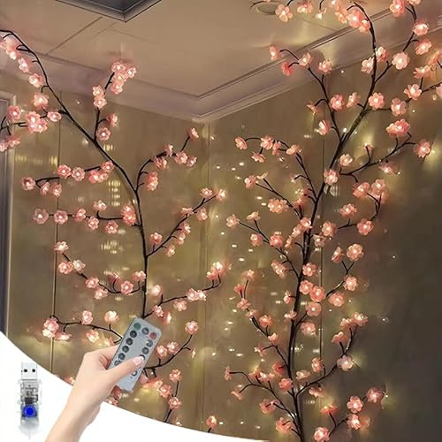 Starnearby Kirschblüten Lichterkette Willow Vine für Zimmer Wand Deko 8 Modi 1.2M 48LEDs Lichterzweige mit Fernbedienung und Timer für Schlafzimmer Deko Lichterkette Innen Weinachtsdekorationen